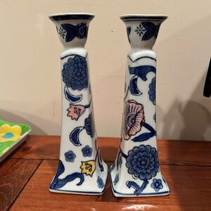 Candlestick Holders Ceramic Chinoiserie 6”Tall Set/2 Square Base Asian Floral